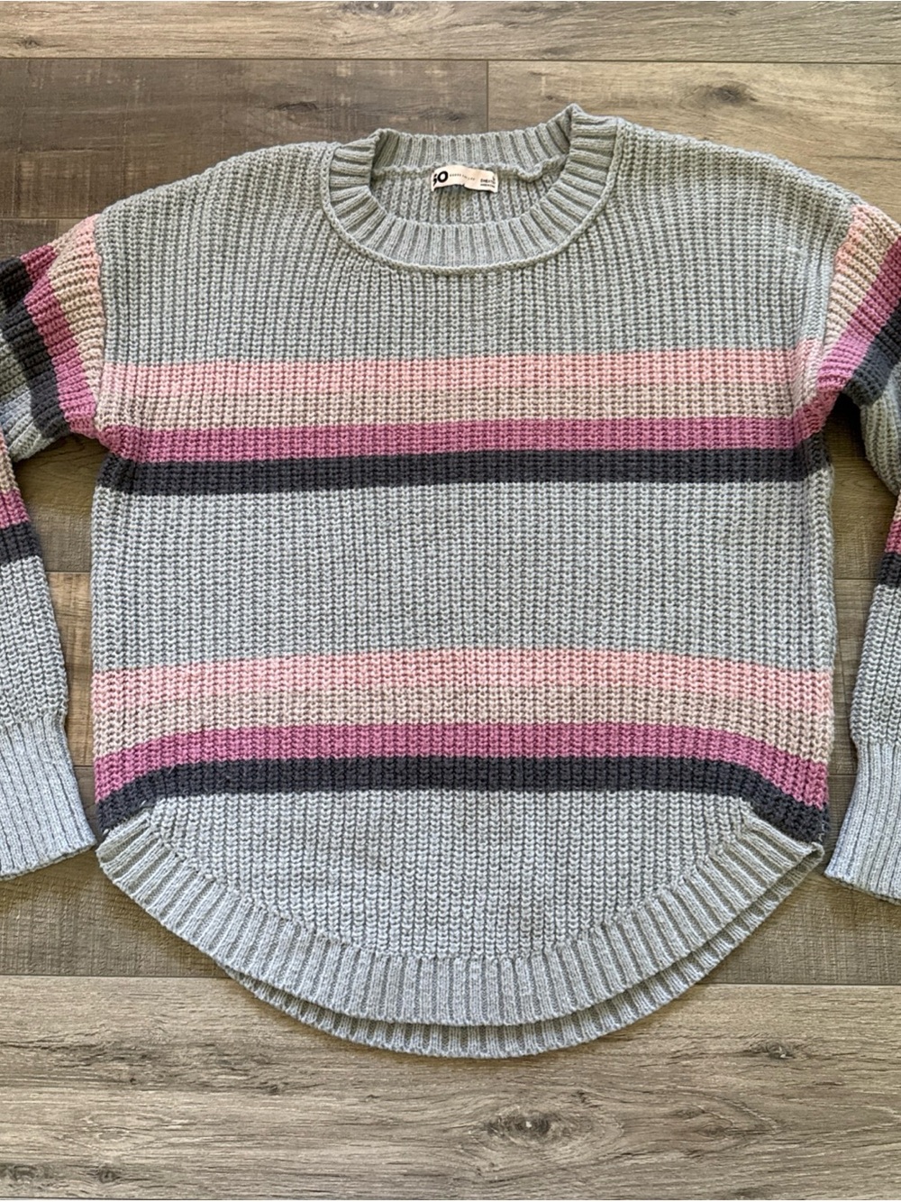 So goods for light Gray Striped Crewneck Sweater with Pink Accents
